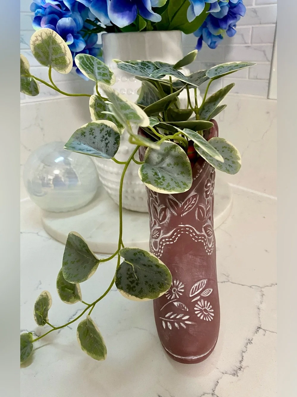 Decorative Brown Floral Cowboy Boot Vase - Home Accents